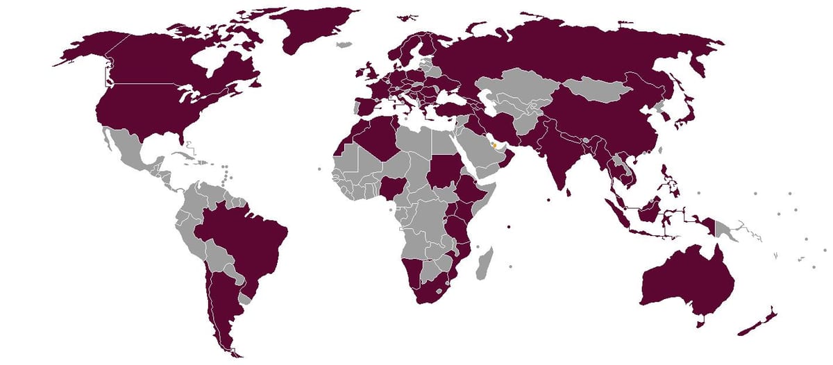 卡塔尔航空公司的目的地的地图